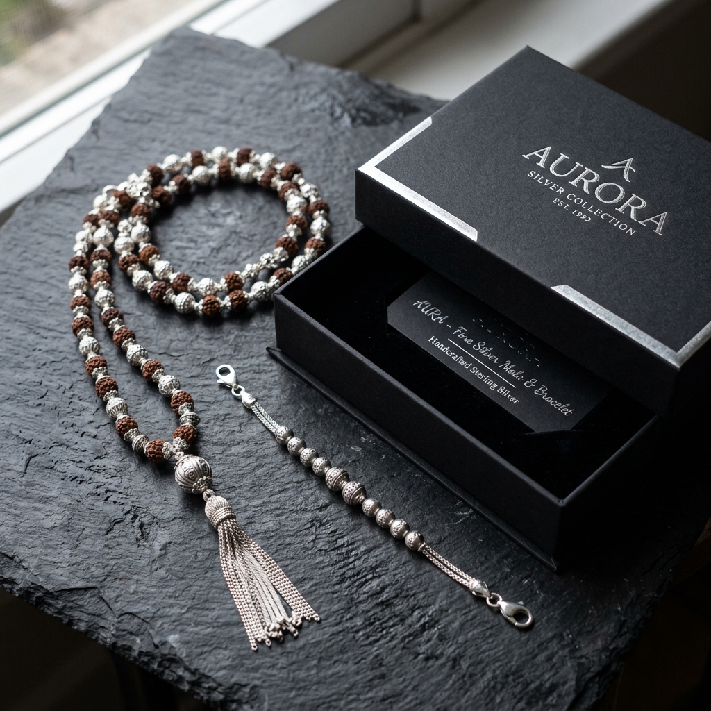 Silver mala and bracelet beside a luxury gift box on dark slate surface