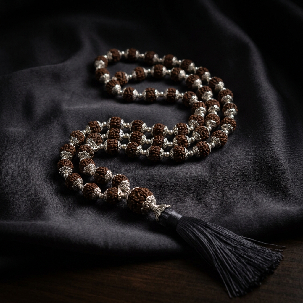 Silver-capped Rudraksha mala on dark charcoal silk cloth