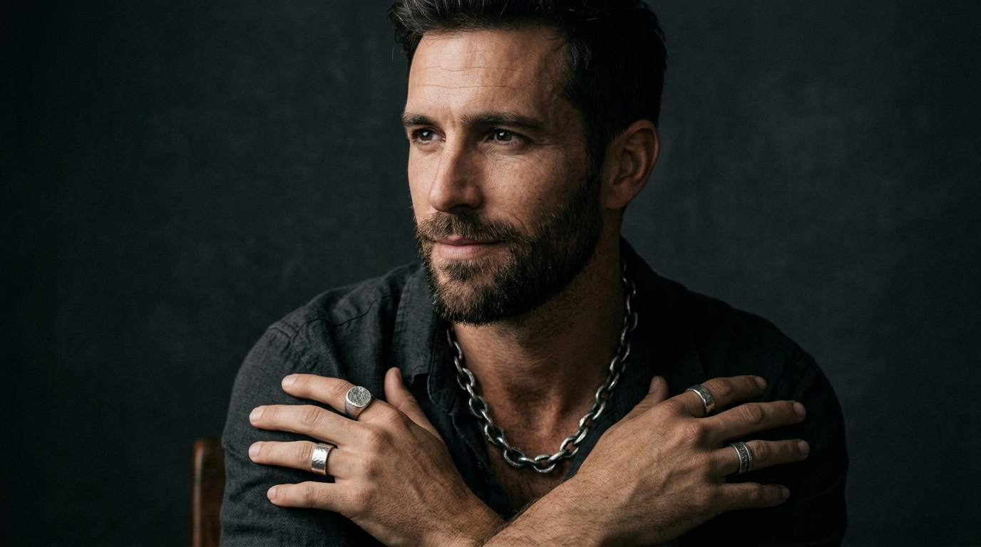 Close-up of a man wearing 925 sterling silver chain and rings in dark moody studio lighting