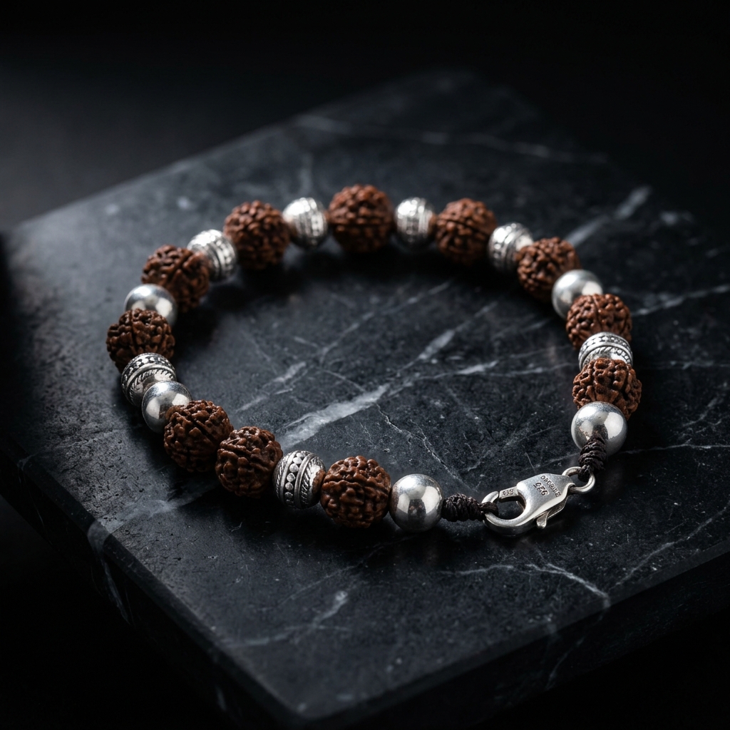 Sacred Rudraksha and sterling silver bead bracelet