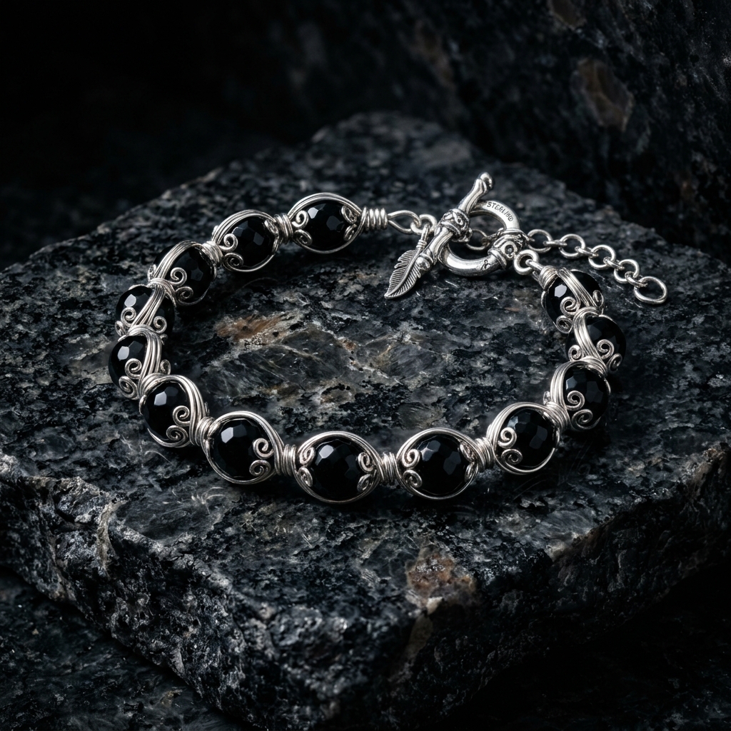 Silver-wrapped black onyx bead bracelet