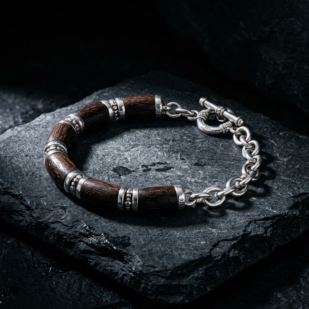 Handcrafted Karingali and sterling silver link bracelet