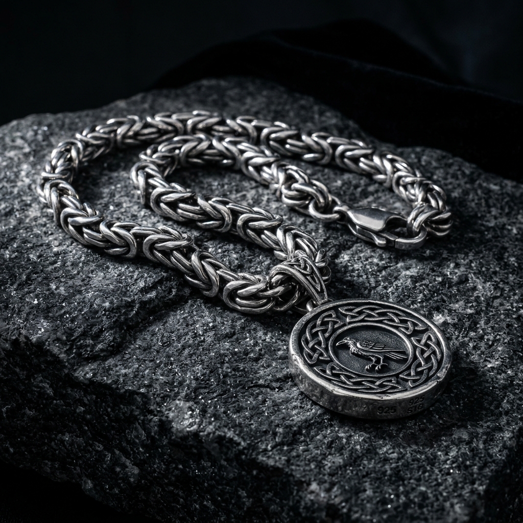 Heavy 925 sterling silver chain with pendant on dark slate