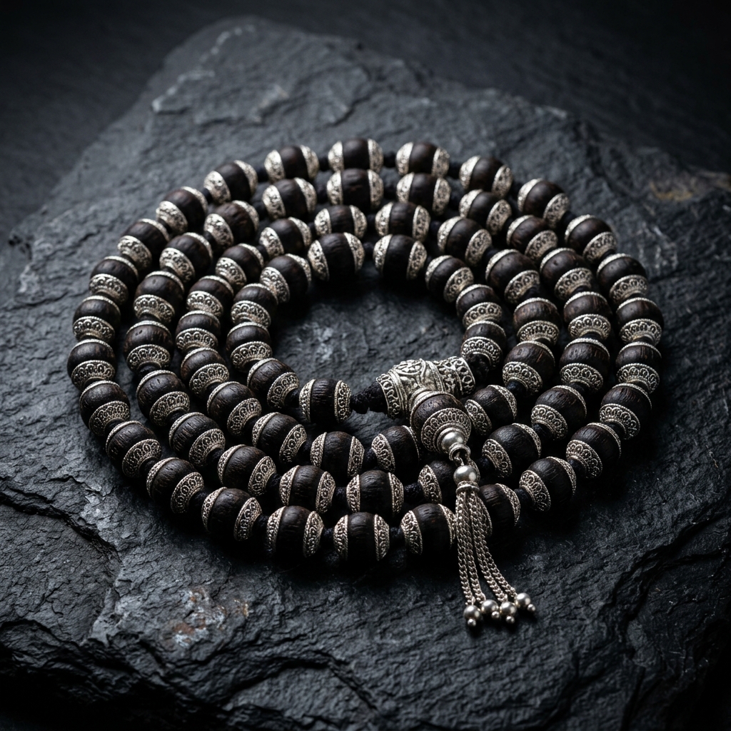 Hand-wound Karingali wood and sterling silver mala on dark background