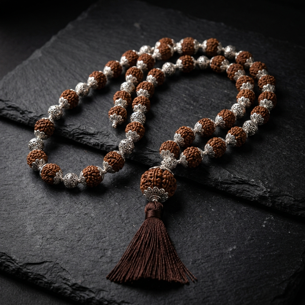 Sacred Rudraksha bead mala with sterling silver caps on dark slate background